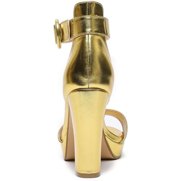Amoji Women Pu-gold Faux Suede Open Toe High Heel Chunky Platform Sandals - Picture 3 of 7
